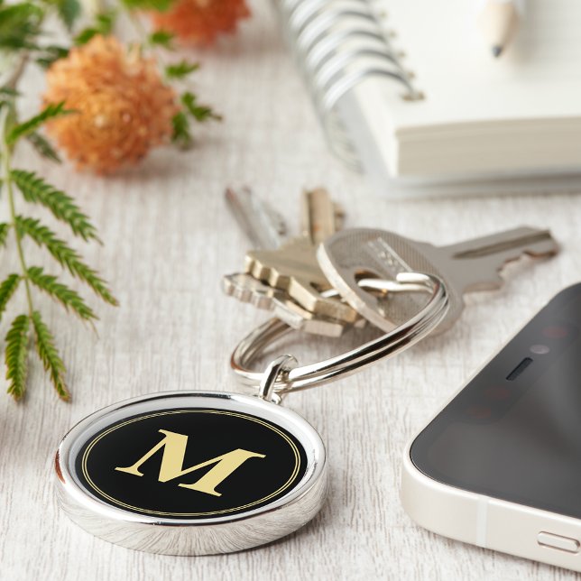 Chaveiro de Monograma Dourado Personalizado de cri (Create Personalized Black Gold Monogram Keychain)