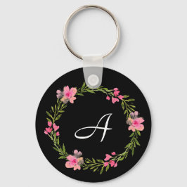 Chaveiro de Monograma Personalizado Floral Preto
