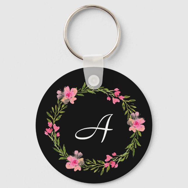 Chaveiro de Monograma Personalizado Floral Preto (Frente)