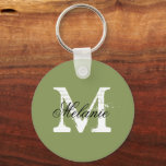 Chaveiro de monograma personalizado verde-musgo pe<br><div class="desc">Chaveiro de monograma personalizado de nome verde muscular personalizado personalizado personalizado. Letra inicial Vintage com tipografia de script elegante. Festa bonitinha favorece a ideia da corrente chave. Faça seu próprio monograma presente para na moda de casamento, chá de panela, solteira, fim de semana, noivado, aniversário etc. Divertido para a noiva...</div>