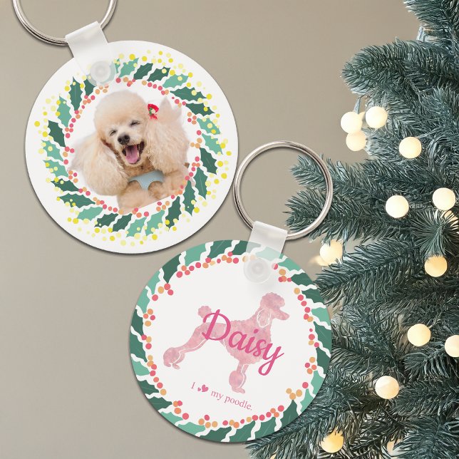 Chaveiro de poodle rosa pastel de Natal com foto p (Criador carregado)