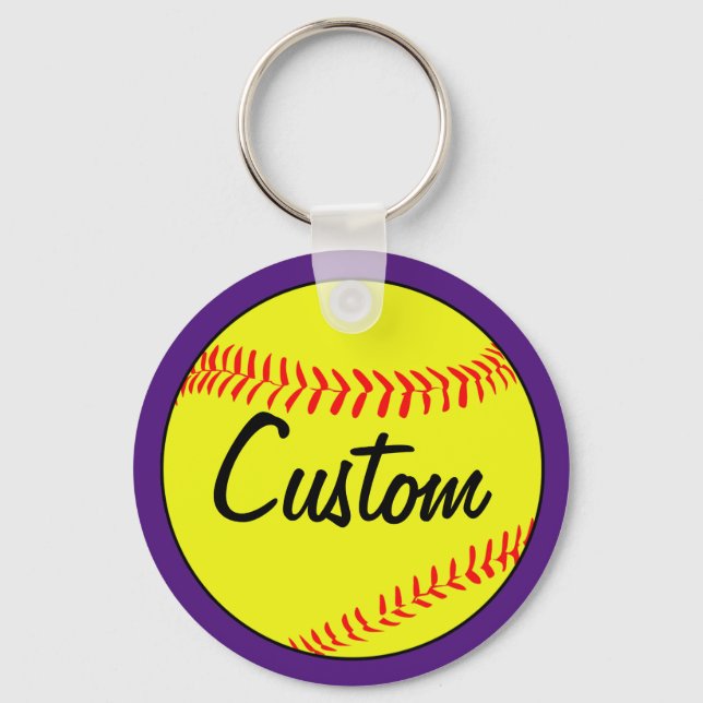 Chaveiro de Softball Roxo de Texto Personalizado (Frente)