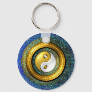Chaveiro de Yin-Yang, anel dourado e mosaico azul