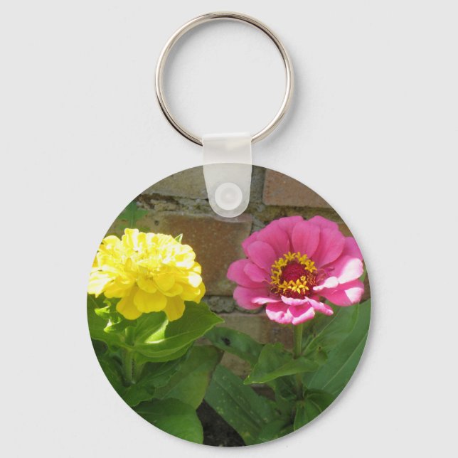 Chaveiro de Zinnias cor-de-rosa e amarelo (Frente)