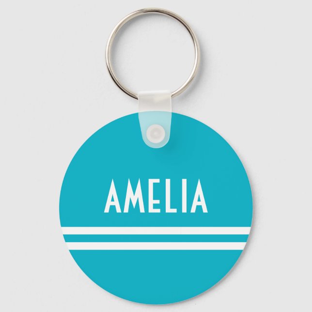 Chaveiro Deco Stripe Nome Monograma Branco Azul Brilho (Frente)