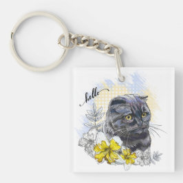Chaveiro Desenho à mão de gato britânico preto engraçado co