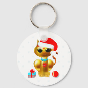 Chaveiro desenho animado de gato adorável de natal dourado