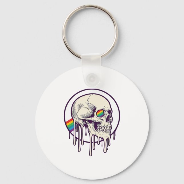 Chaveiro Desenho de crânio pingando arco-íris com gravação  (Frente)