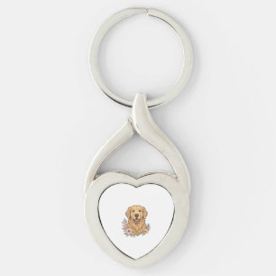 Chaveiro Desenho de Gravura Vintage Floral do Golden Retrie
