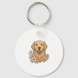 Chaveiro Desenho de Gravura Vintage Floral Golden Retriever