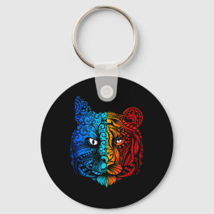 Chaveiro Desenho de Mandala com Rosto de Gato vs Tigre