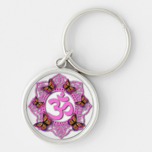 Chaveiro Desenho de mandala ohm rosa com borboletas Monarca (Frente)