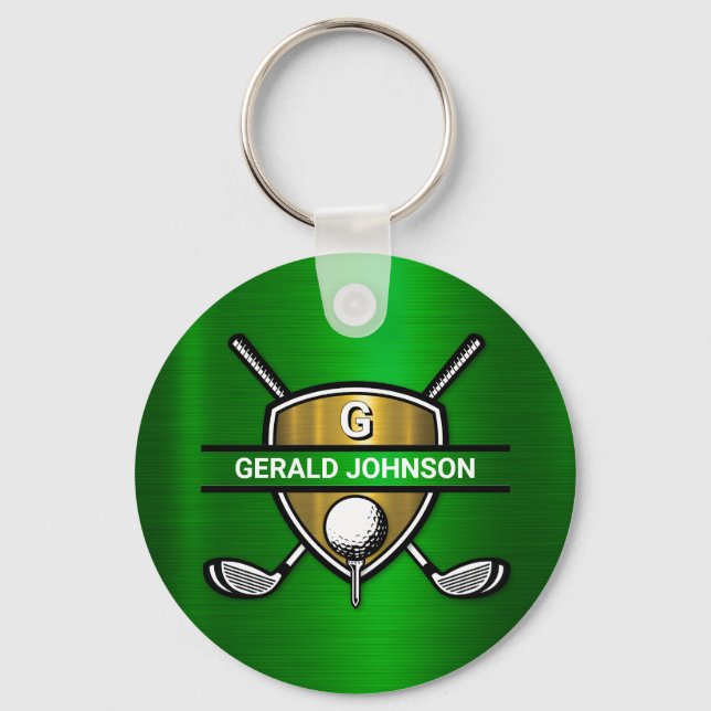 Chaveiro Desenho de Monograma de Golfe com Escudo de Ouro E (Frente)