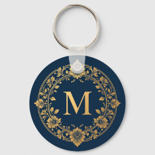 Chaveiro Desenho de Monograma Floral Dourado Elegante