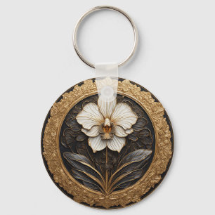 Chaveiro Desenho de Orquídea Dourada Elegante