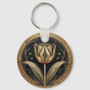 Chaveiro Desenho de Tulipa Dourada e Preta