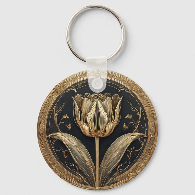 Chaveiro Desenho de Tulipa Dourada e Preta (Frente)