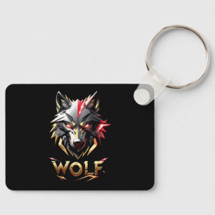 Chaveiro Desenho Feroz de Cabeça de Lobo Dourado e Vermelho