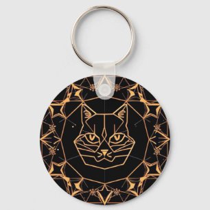 Chaveiro Desenho Geométrico de Gato com Linhas Douradas