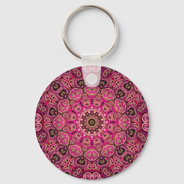 Chaveiro Desenho Geométrico Mandala Rosa Quente (Frente)