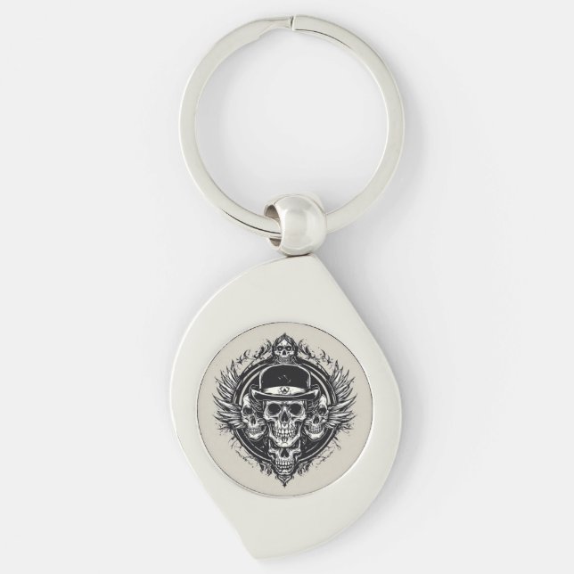 Chaveiro Desenho Intricado de Caveira com Asas e Símbolos (Frente)