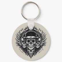 Desenho Intricado de Caveira com Asas e Símbolos