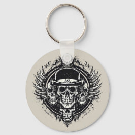 Chaveiro Desenho Intricado de Caveira com Asas e Símbolos