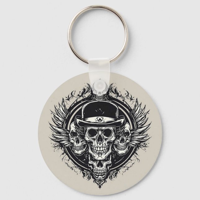 Chaveiro Desenho Intricado de Caveira com Asas e Símbolos (Frente)