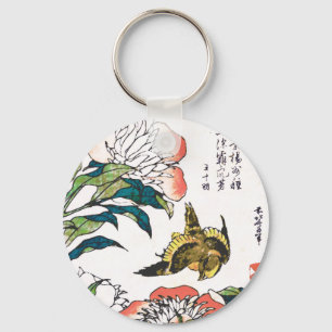 Chaveiro Desenho, peônias e pardal japoneses do vintage