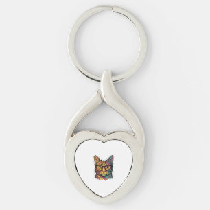 Chaveiro Desenho Vetorial de Gato Gravado Vintage com Óculo