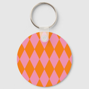 Chaveiro Desenho Xadrez Arlequim Laranja e Rosa