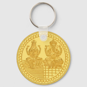 CHAVEIRO DESIGN DA MOEDA DOURADO DE LAKSHMI E DE GANESH