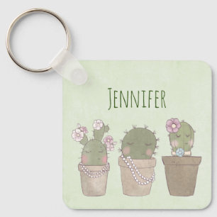 Chaveiro Design de Aquarela Smiling Cactus Trio