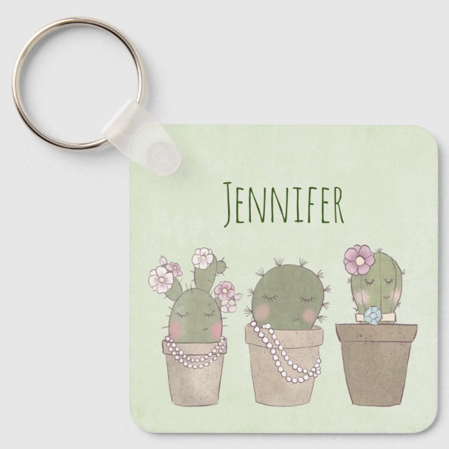 Chaveiro Design de Aquarela Smiling Cactus Trio (Frente)