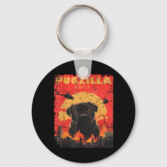 Chaveiro Design de camiseta Pugzilla para dono de Pug retrô (Frente)