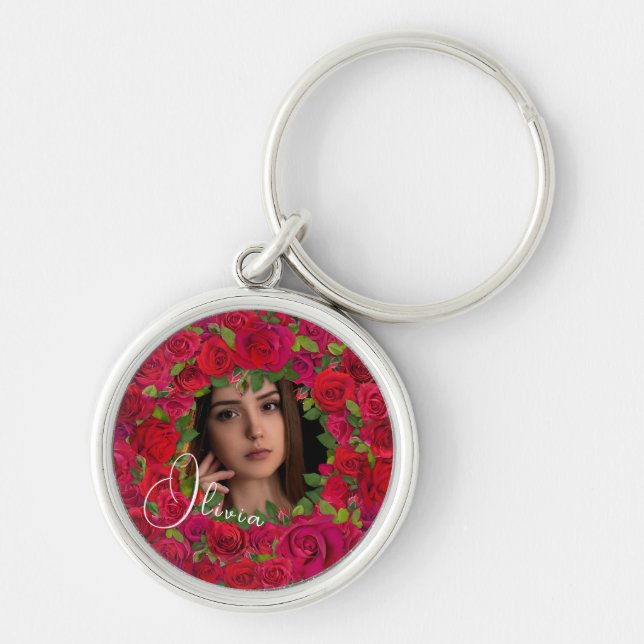 Chaveiro Design de Foto de Rosa Vermelha com Texto Personal (Frente)