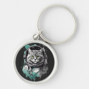 Chaveiro Design de Gato Astronauta Verde Preto