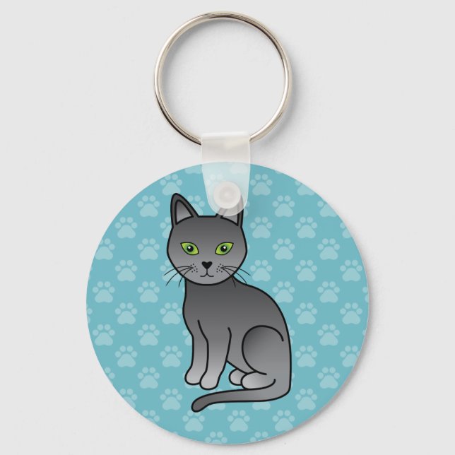 Chaveiro Design de Gato de Desenho Animado da Raça Azul Rus (Frente)