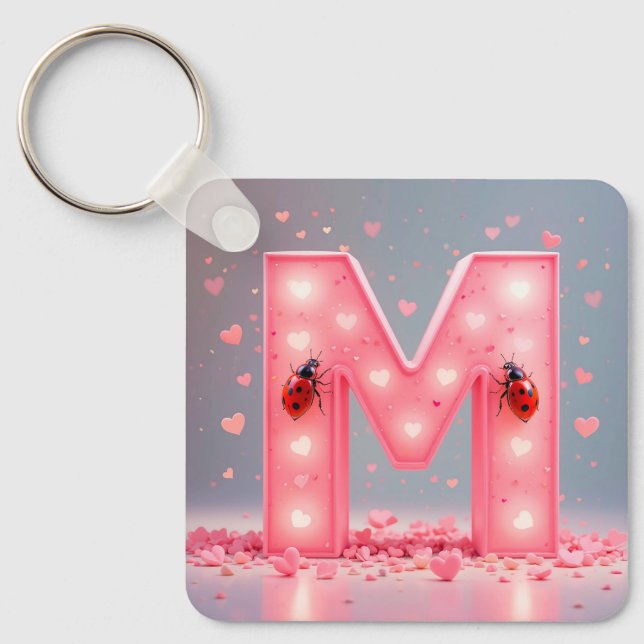Chaveiro Design de letra M rosa brilhante (Frente)
