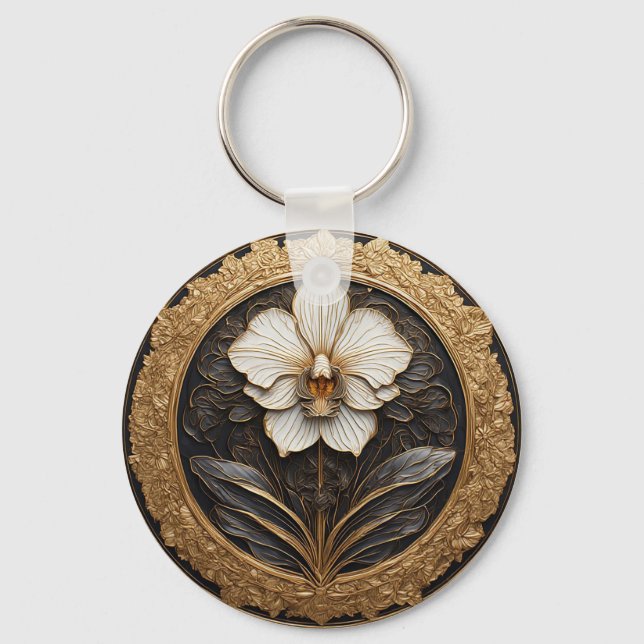 Chaveiro Design de Orquídea Dourada Elegante (Frente)