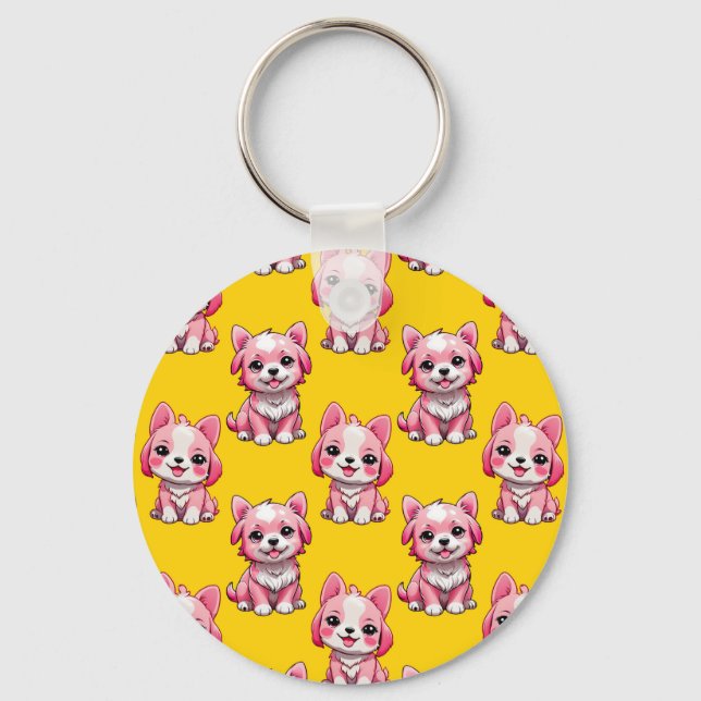 Chaveiro Design de Padrão de Cachorro Rosa - Amarelo (Frente)