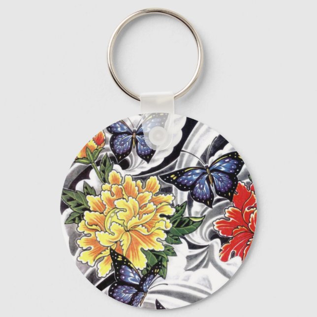 Chaveiro Design de Peony Amarelo e de Tatuagem de Borboleta (Frente)