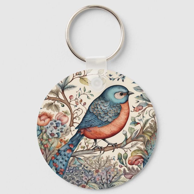 Chaveiro design de tecido escandinavo de pássaros vintage (Frente)