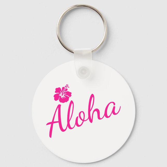 Chaveiro Design de texto rosa original ALOHA e flor (Frente)