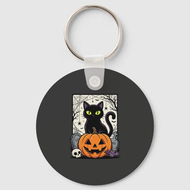 Chaveiro Design de Vetor de Abóbora de Gato Preto de Hallow (Frente)