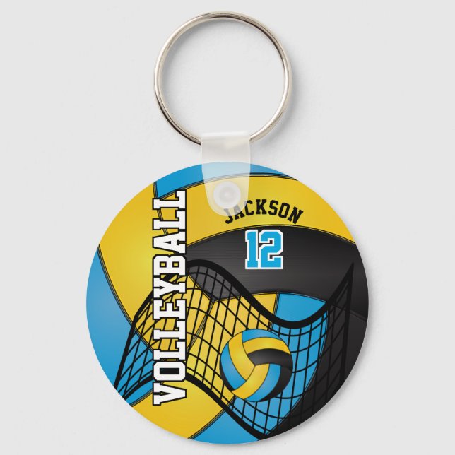 Chaveiro Design de Voleibol Azul, Amarelo e Negro (Frente)