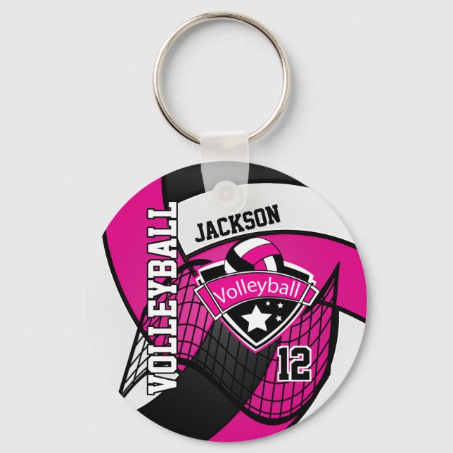 Chaveiro Design de Voleibol Negro e Branco, Rosa-Quente (Frente)