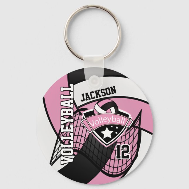 Chaveiro Design de Voleibol Rosa, Negro e Branco (Frente)