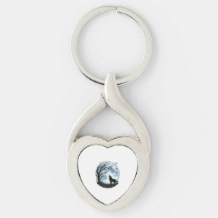 Chaveiro Design Silhueta da Árvore da Lua Uivando Lobo Vint