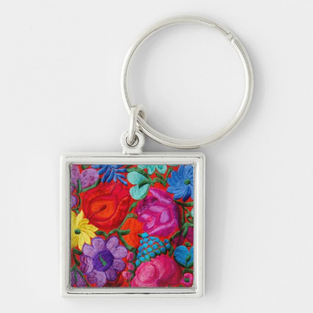 Chaveiro Detalhe de têxtil floral de bordado tradicional (Frente)